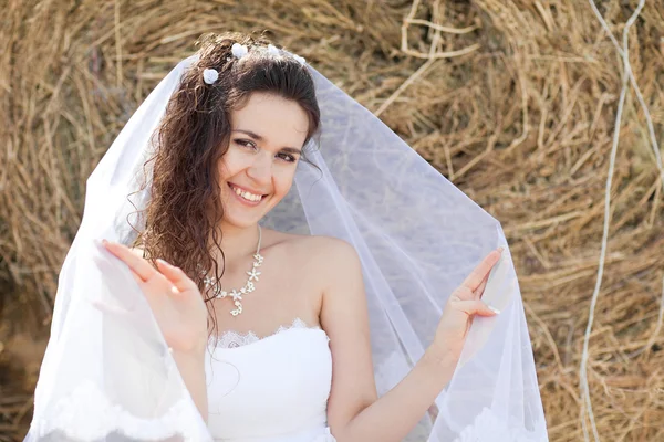 Sposa felice con velo — Foto Stock