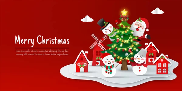 Vánoční Prapor Santa Clause Sněhuláka Vesnici Papírový Střih Ilustrace — Stockový vektor