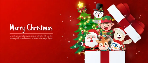 Weihnachtsbanner Postkarte Von Weihnachtsmann Und Freund Geschenkbox — Stockvektor