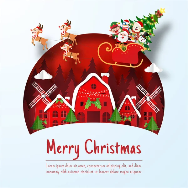 Babbo Natale Amico Una Slitta Arrivo Villaggio Illustrazione Taglio Carta — Vettoriale Stock