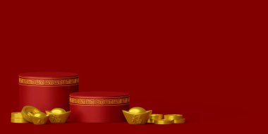 Çin 'in yeni yıl pankartıyla podyum, Çin külçeleri ve madeni paralarla 3D illüstrasyon