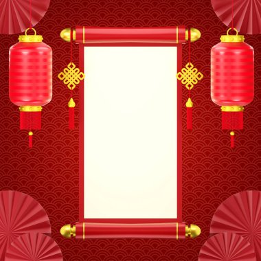 Çin Yeni Yıl Sancağı 'nın 3 boyutlu illüstrasyonu. Üzerinde Çin kutsal kitabı ve feneri var.