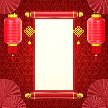 Çin Yeni Yıl Sancağı 'nın 3 boyutlu illüstrasyonu. Üzerinde Çin kutsal kitabı ve feneri var.