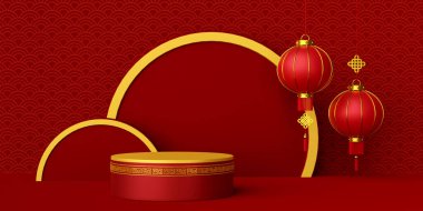 Çin 'in yeni yıl pankartıyla podyum ve Çin feneriyle 3D illüstrasyon