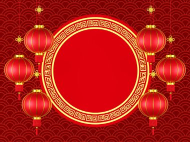 Çin bayrağının asılı fenerli 3D çizimi