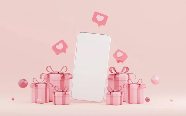 Valentine Day Banner Background Smartphone Gift Box Rendering — Zdjęcie stockowe