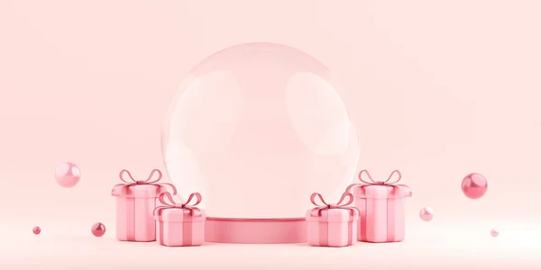 Illustration Banner Crystal Globe Gift Box Happy Valentine Day — Foto de Stock