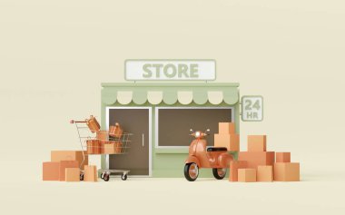 E-ticaret konsepti, mağaza ve dağıtım servisi scooter ile, 3D illüstrasyon