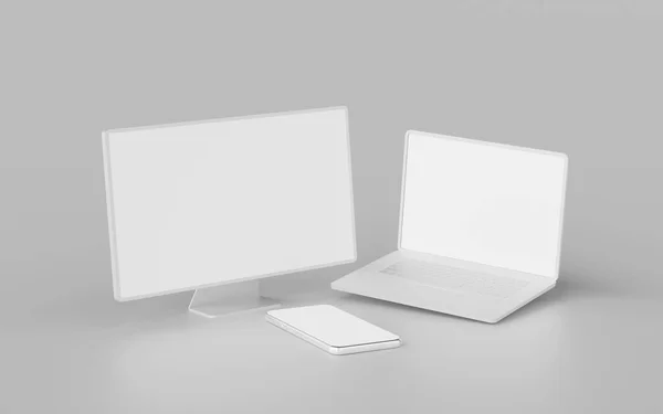 Minimalistic Monitor Laptop Smartphone Blank Screen Mockup Rendering — Stock Photo, Image