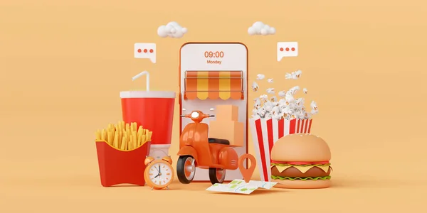 モバイル上の食品配達アプリケーション 3Dイラスト — ストック写真