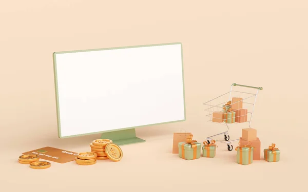 Illustration Shopping Online Concept Blank Screen Laptop Giftbox Shopping Bag — Stock Photo, Image