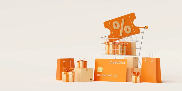 Gift Box Shopping Bag Shopping Cart Get Discount Code Pay — Stock Photo, Image