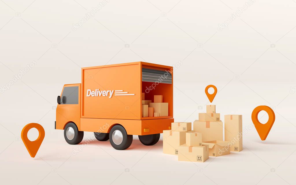 E-commerce concept, Transportation shipment delivery by truck, 3d illustration
