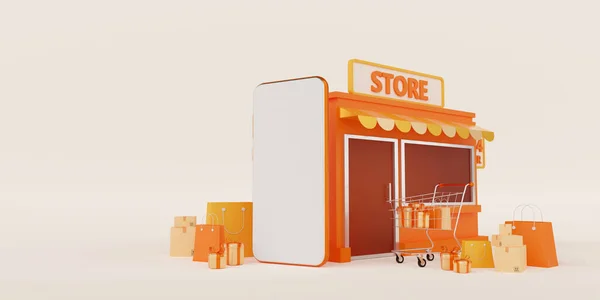 E-commerce concept, Convenience store shopping online on mobile, 3d illustration