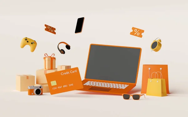 Illusztráció Online Vásárlás Hitelkártya Koncepció Üres Képernyős Laptop Hitelkártyával Csomag — Stock Fotó