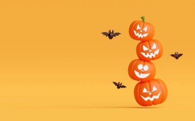 Jack O Lantern balkabaklarıyla Cadılar Bayramı 'nız kutlu olsun. Minimum afiş, 3D illüstrasyon.