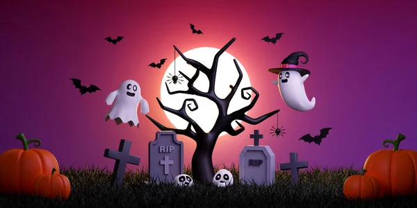 Cute Ghost Cemetery Full Moon Night Happy Halloween Day Illustration — Stockfoto