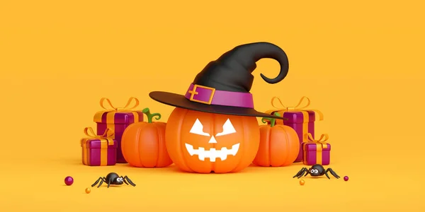 Illustration Banner Jack Lantern Wear Witch Hat Gift Box Happy — Stockfoto