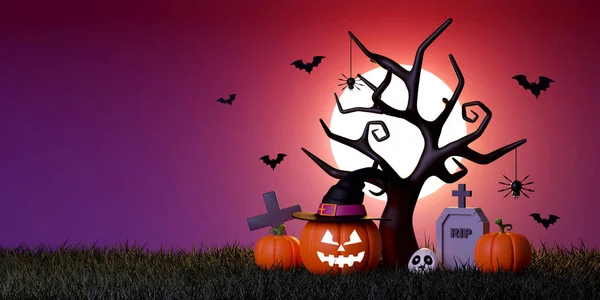 Felice Giorno Halloween Banner Jack Lanterna Nel Cimitero Una Notte — Foto Stock