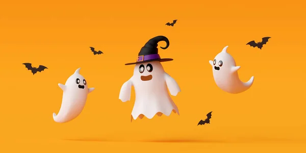 Cute ghosts with bat on yellow background, Happy Halloween day 3d illustration