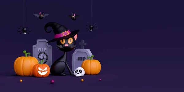 Illustration Happy Halloween Day Banner Black Cat Grave Jack Lantern — Stockfoto