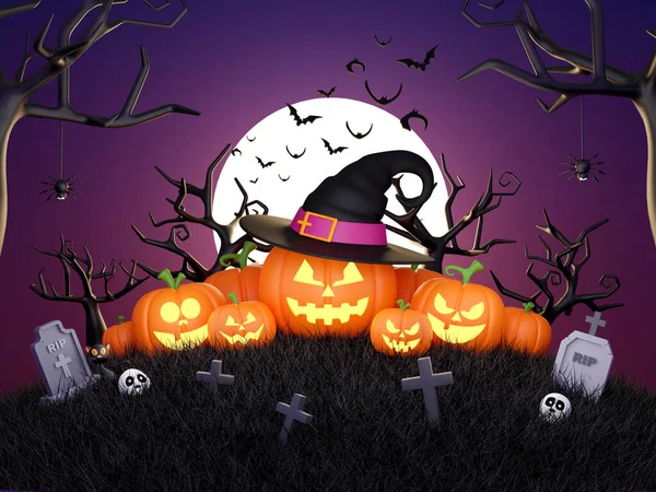 Feliz Halloween Jack Lanterna Cemitério Uma Noite Lua Cheia Ilustração — Fotografia de Stock