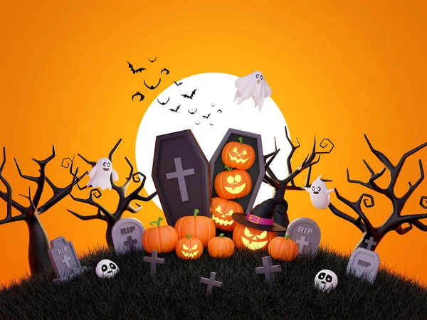 Feliz Halloween Jack Lanterna Cemitério Uma Noite Lua Cheia Ilustração — Fotografia de Stock