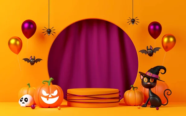 Illustration Halloween Podium Jack Lantern Spooky Spider Cute Bat — Stock Photo, Image