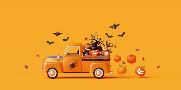 Illustration Happy Halloween Banner Jack Lantern Pumpkins Halloween Truck — Stock fotografie