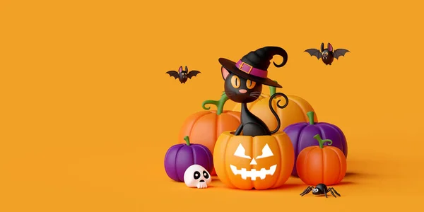 Black Cat Jack Lantern Pumpkin Happy Halloween Illustration — Stockfoto