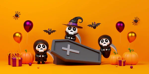 Illustration Banner Scary Ghost Coffin Pumpkins Happy Halloween — Stockfoto