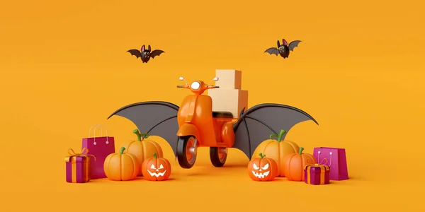 Illustration Banner Happy Halloween Delivery Scooter — Stockfoto