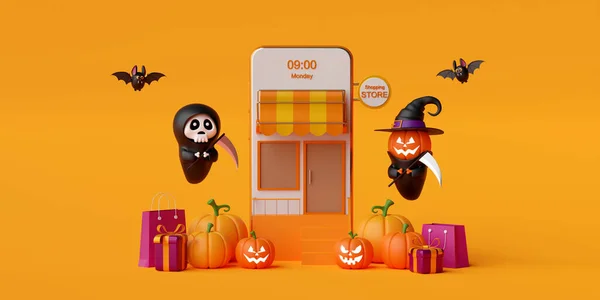 Happy Halloween Theme Shopping Online Smartphone Halloween Ornaments Illustration — Stockfoto