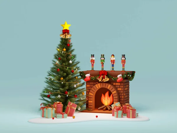 3d illustration Christmas banner of Christmas tree, fireplace and giftbox on blue background