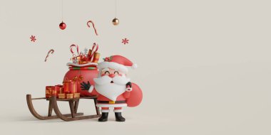 Christmas banner of Santa Claus with gift bag on sleigh, 3d illustration
