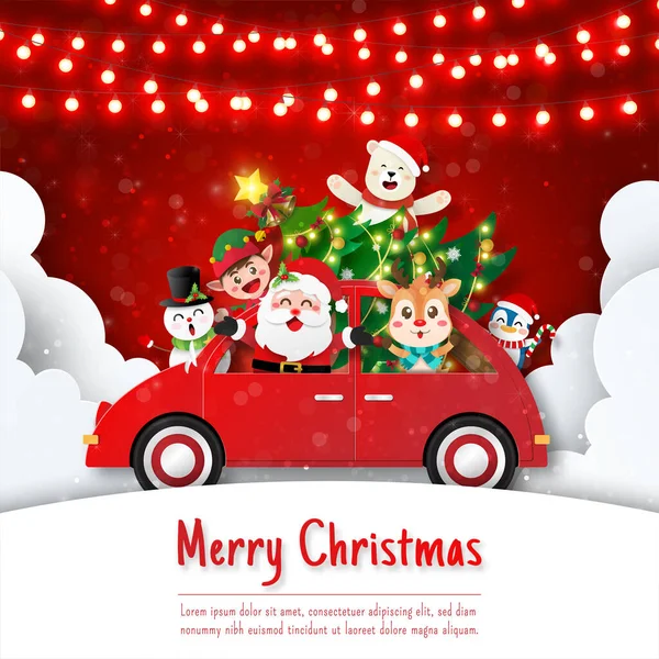 Kartu Pos Natal Santa Claus Dan Temannya Mobil Natal - Stok Vektor