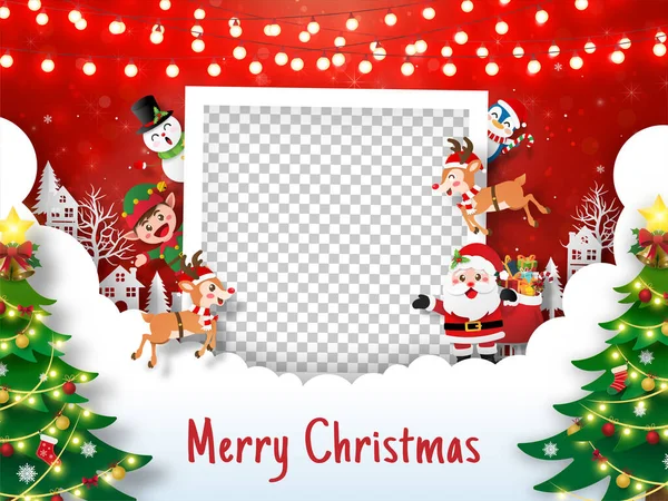 圣诞快乐 新年快乐 圣诞明信片相框与圣诞老人和朋友 纸制艺术风格 — 图库矢量图片