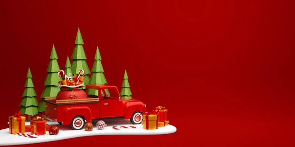 Banner Navidad Camión Navidad Con Bolsa Regalo Bosque Pinos Ilustración —  Fotos de Stock