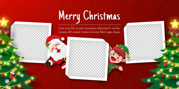 圣诞明信片上的圣诞老人和小精灵的横幅 附有空白相框 — 图库矢量图片