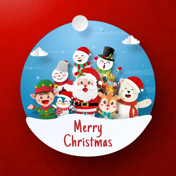 圣诞快乐与圣诞老人和朋友剪纸风格 — 图库矢量图片