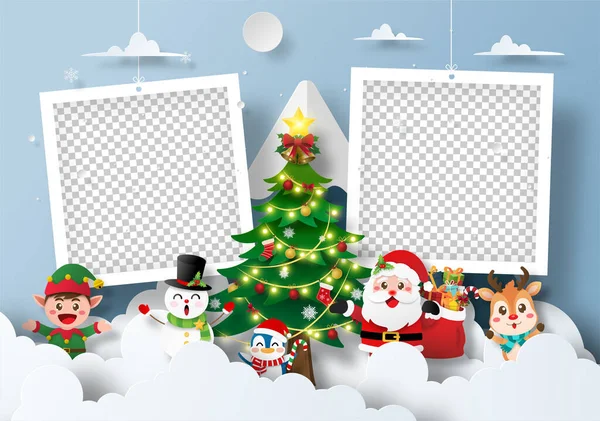 圣诞老人和朋友在雪山与空白相框 — 图库矢量图片