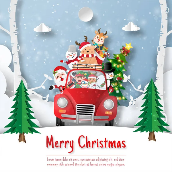 サンタクロースのクリスマスポストカードとクリスマスの車の友人 — ストックベクタ