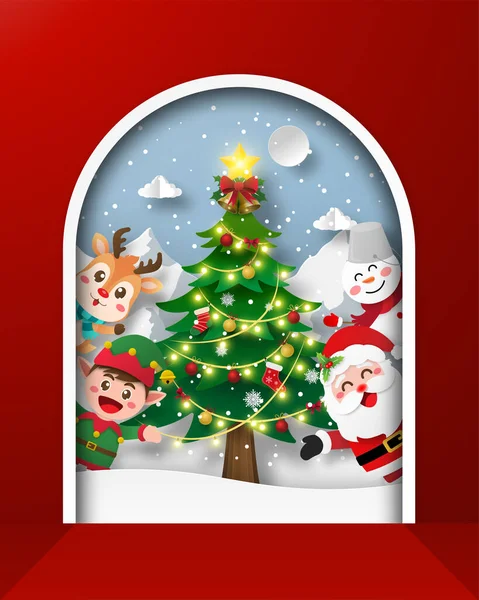 Árbol Navidad Montaña Nieve Con Papá Noel Amigo — Vector de stock