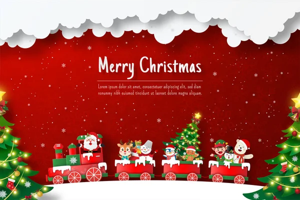 Weihnachtspostkarte Von Weihnachtsmann Und Freund Weihnachtszug Papierschnitt Illustration — Stockvektor