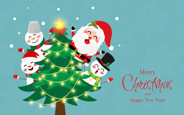 Χριστουγεννιάτικη Καρτ Ποστάλ Του Βασίλη Και Χιονάνθρωπο Χριστουγεννιάτικο Δέντρο Καλά — Διανυσματικό Αρχείο