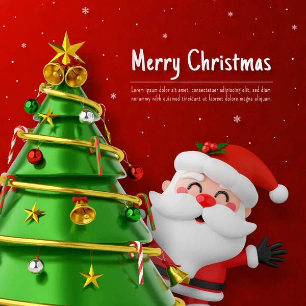 圣诞老人的圣诞明信片 背景为红的圣诞树 — 图库矢量图片
