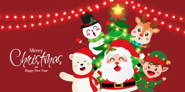 Weihnachtsbanner Der Niedlichen Weihnachtsfigur Weihnachtsmann Und Freund Auf Rotem Hintergrund — Stockvektor