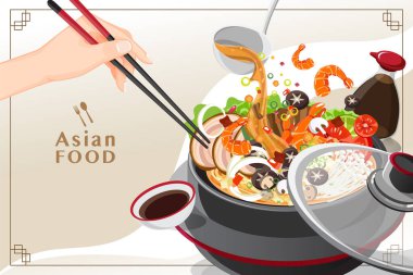 Shabu Shabu ve Sukiyaki restoranda sıcak tencerede yemek çubukları tutarken Shabu Shabu 'yu yiyorlar. 