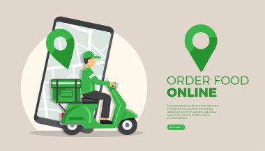 Yemek servisi, fast food teslimatı, Scooter teslimat servisi, Vektör illüstrasyon.