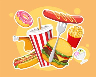 Fast food sosisli sandviç ikonları izole edilmiş vektör fast food ikonları
